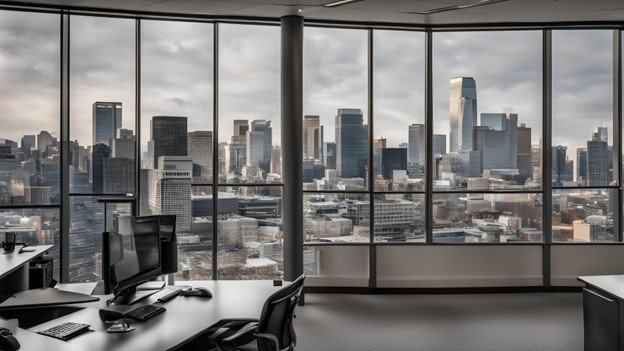 Monochromatic office workspace with two monitors facing a panoramic city view.